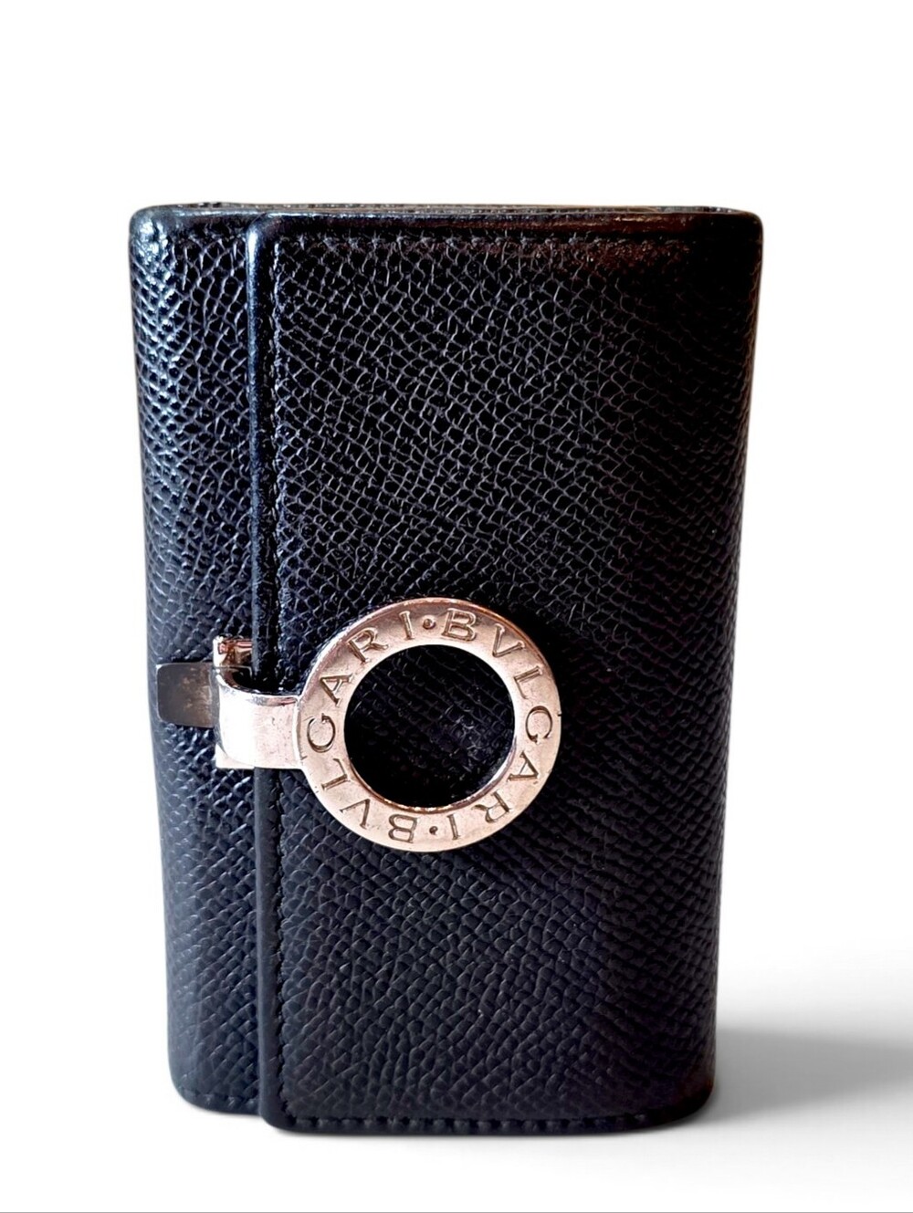 Bulgari Black Leather Key & Card Holder with Signature Ring Clasp